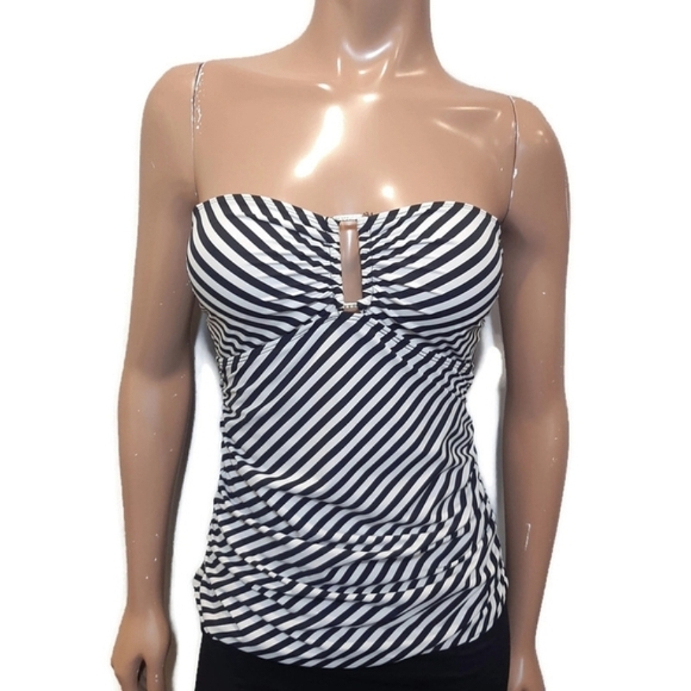 Lauren Ralph Lauren Striped Strapless Tankini Top Bandeau Black Swimwear Size 8